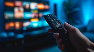 hand with remote and TV with channel menu in background