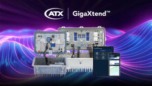 ATX GigaXtend Orchestrator on a tablet and phone, GigaXtend Node, and GigaXtend Amp on a decorative background