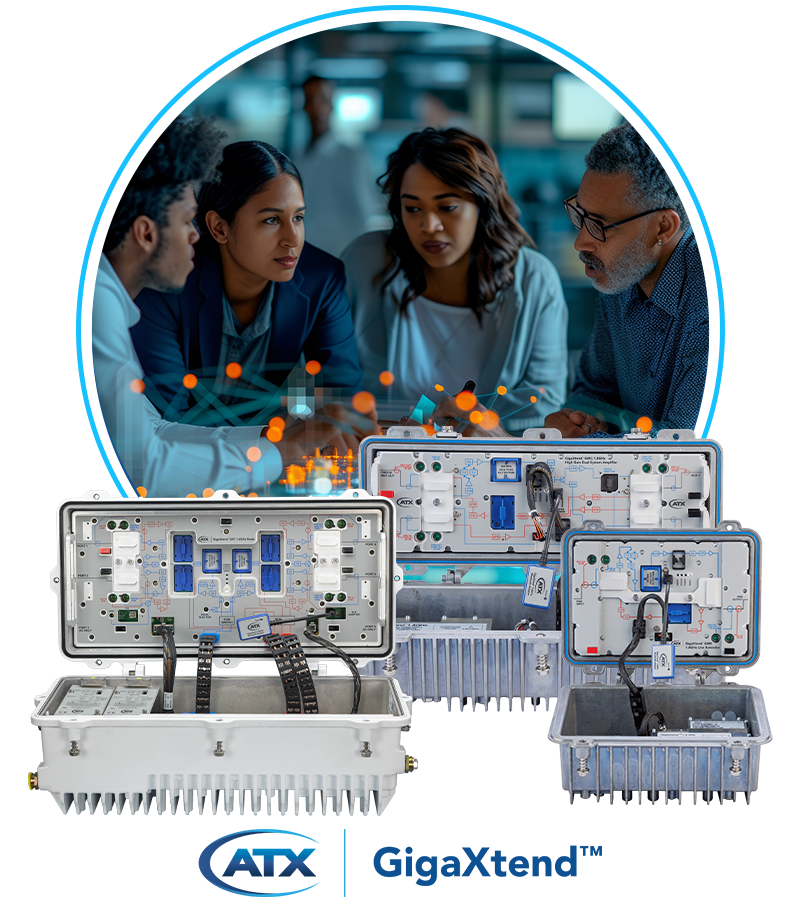 Group of people discussing technology, ATX GigaXtend Amplifiers and GS7 Node