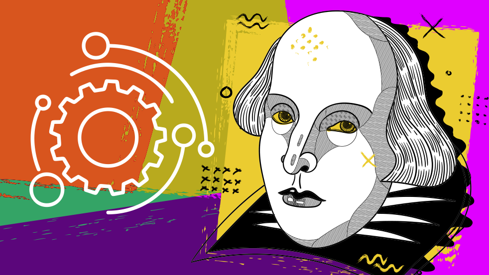 Illustration of William Shakespeare and automation icons