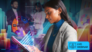 Woman holding tablet with charts and graphs coming out of it
