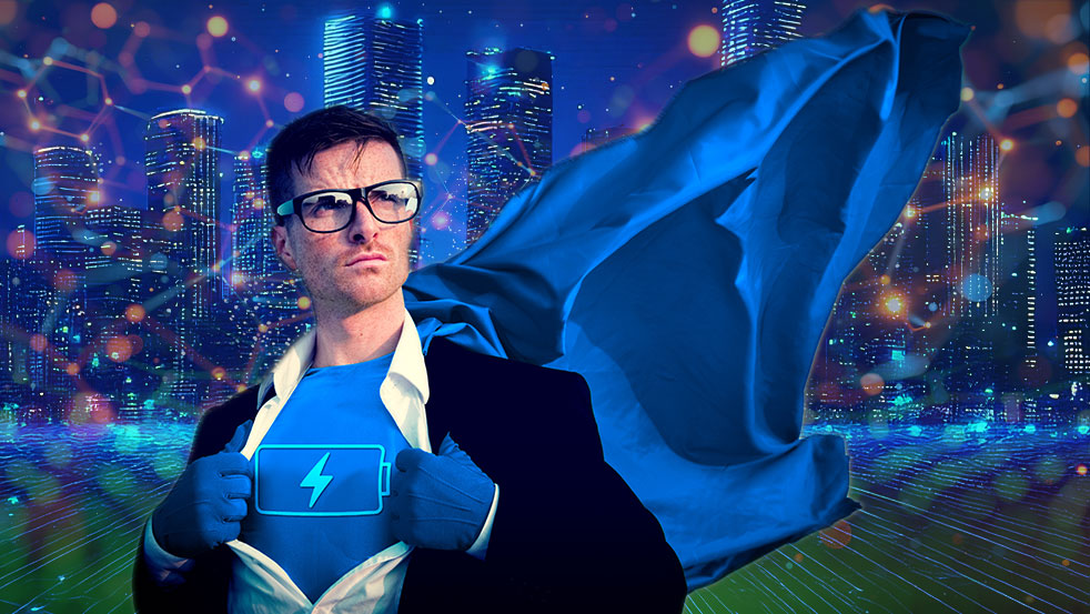 Super Hero in front of a city covered in graphene