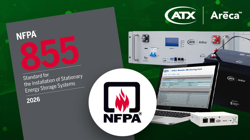 NFPA logo, NFPA's 855 Standards cover and ATX's Areca Energy Storage products