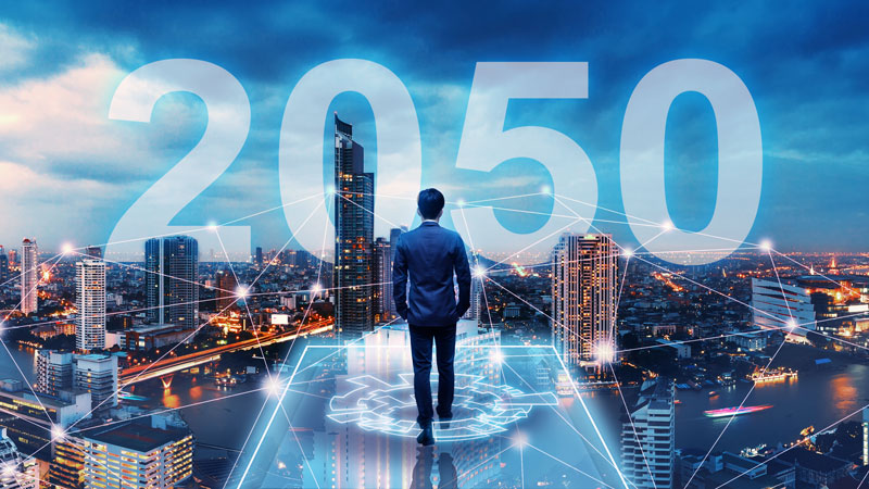 Man standing in front of a cityscape with the text 2050 in the background