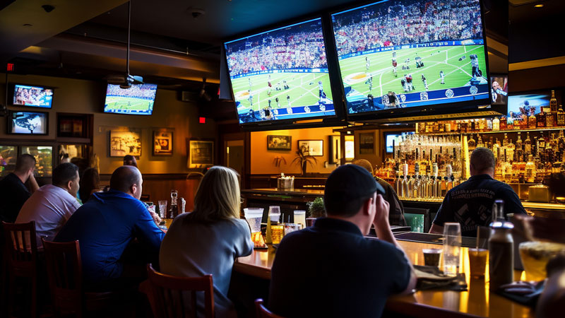 Group of people at a sports bar watching TV that are all synchronized on the same scene