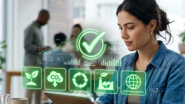 Woman looking at tablet with energy icons