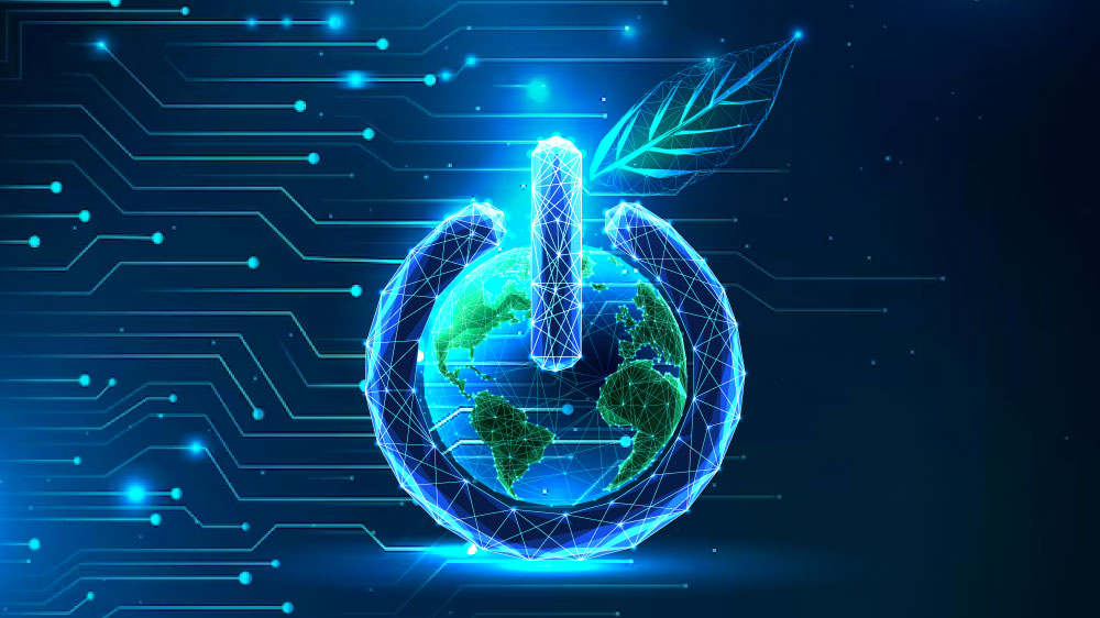 Earth with power symbol and technology pattern