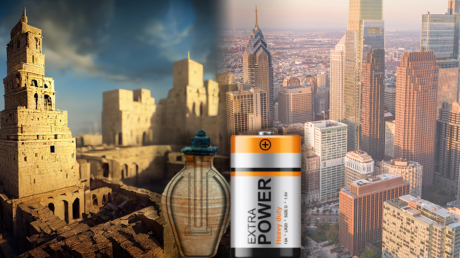 Ancient city transforming into modern skyline with a battery showing in the foreground