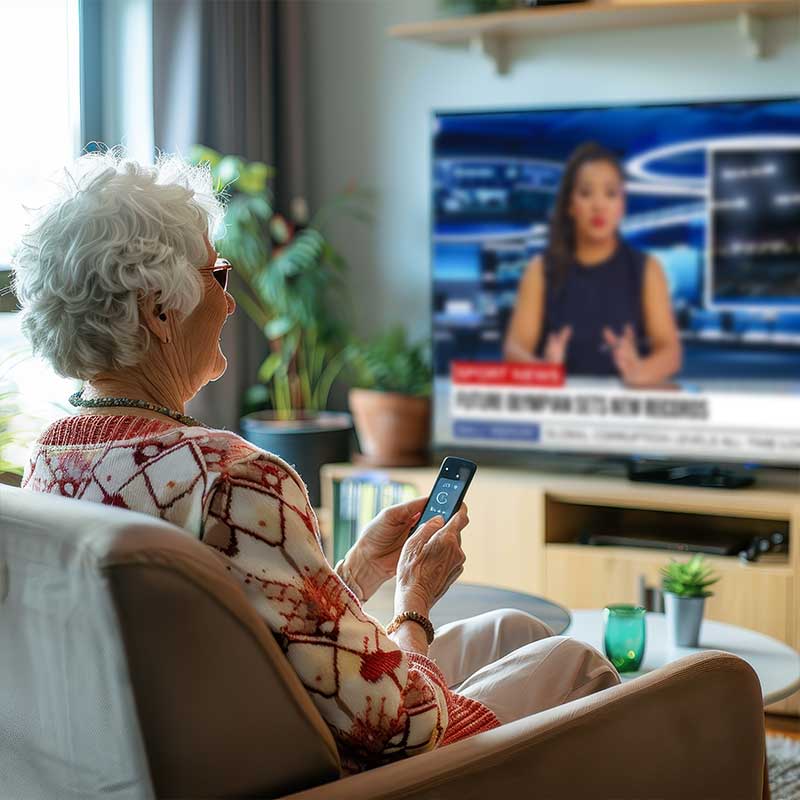 older woman watching tv in assisted living facility