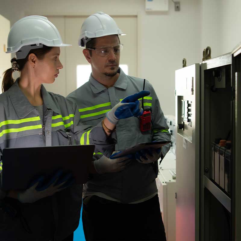 Two workers wearing hard hats reviewing storage cabinet in a facility