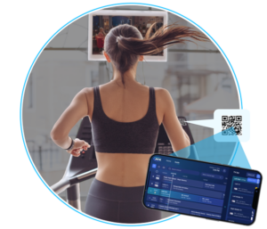 Woman running on treadmill while watching TV, phone with app and QR code