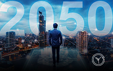 Man standing in front of a cityscape with the text 2050 in the background