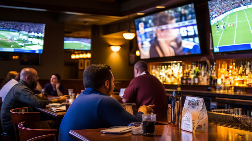 People sitting at a sports bar watching TV