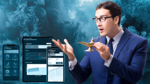 Man holding a magic lamp and GigaXtend Orchestrator in the background
