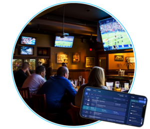 People watching TVs at a sports bar with Visium MVP app on phone