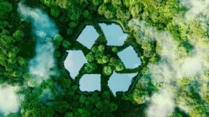 recycle symbol on arial shot of trees