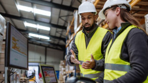 staff reviewing computer information in warehouse